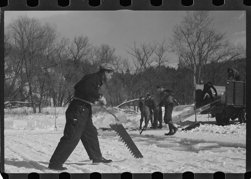Untitled photo, possibly related to: Cutting ice on the Ottaquetchee River, Coos County, New Hampshire