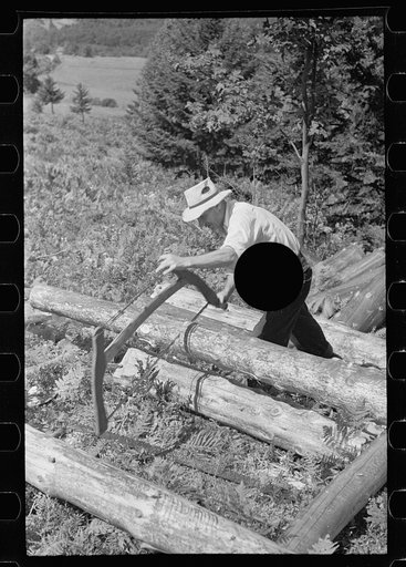 Untitled photo, possibly related to: Sawing pulpwood on Kinneys' farm, Eden Mills, Vermont