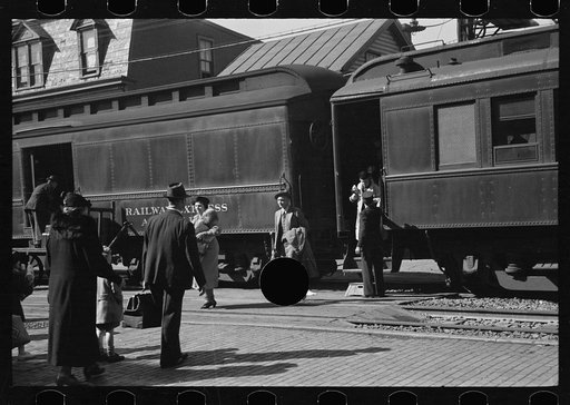 Untitled photo, possibly related to: Passengers arriving at railroad station, Hagerstown, Maryland