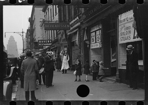 Street band on sidewalk, Eighth Avenue looking north from between West 19th and 20th Streets, New York, New York