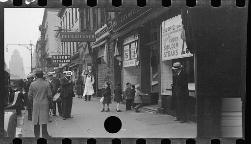 Street band on sidewalk, Eighth Avenue looking north from between West 19th and 20th Streets, New York, New York