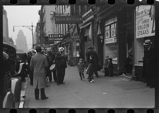 Street band on sidewalk, Eighth Avenue looking north from between West 19th and 20th Streets, New York, New York