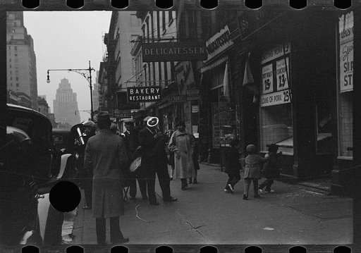 Street band on sidewalk, Eighth Avenue looking north from between West 19th and 20th Streets, New York, New York