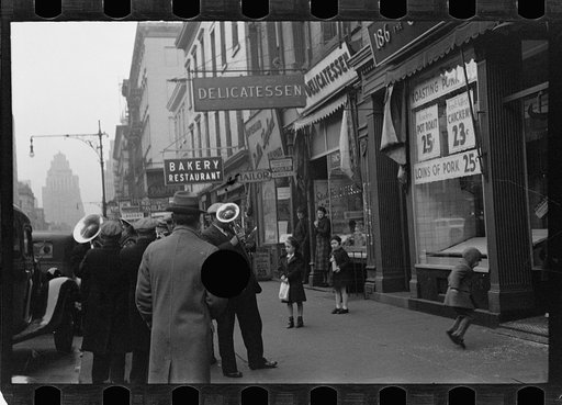 Street band on sidewalk, Eighth Avenue looking north from between West 19th and 20th Streets, New York, New York