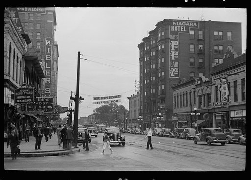 Untitled photo, possibly related to: Sign across main street, Peoria, Illinois