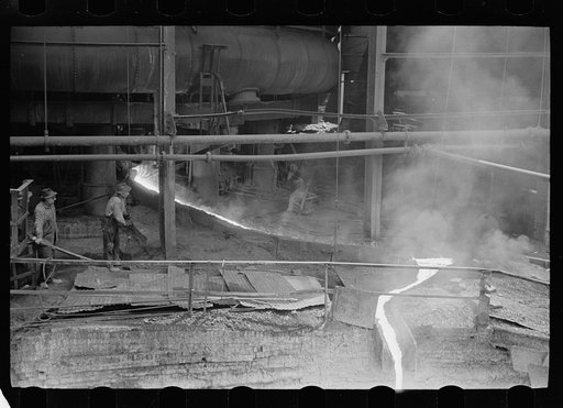 Tapping the slag at a blast furnace, Pittsburgh, Pennsylvania