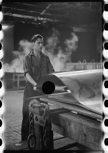 Untitled photo, possibly related to: Steelworker at galvanizing machine, Pittsburgh, Pennsylvania