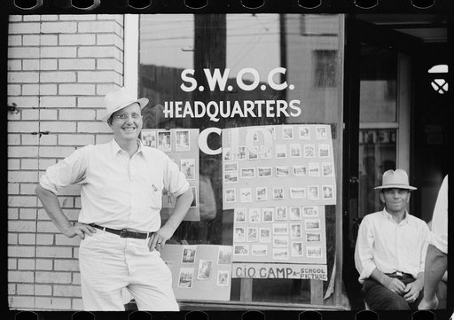 Untitled photo, possibly related to: Steelworker sitting in front of union office, Midland, Pennsylvania