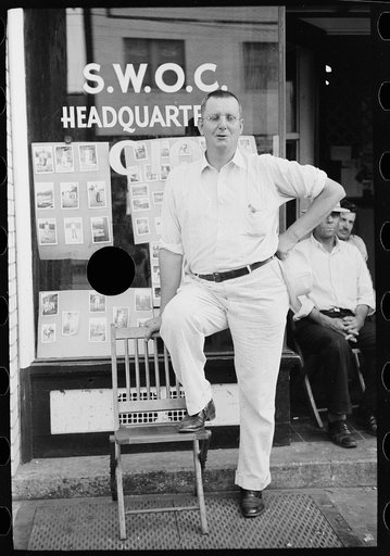 Untitled photo, possibly related to: Steelworker sitting in front of union office, Midland, Pennsylvania