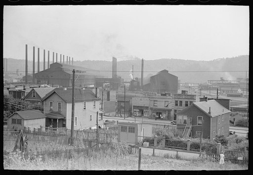 Center of town with steel plant behind business district, Midland, Pennsylvania