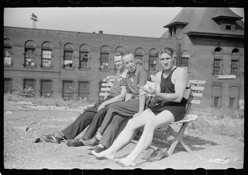 Steelworkers taking a sunbath on their day off, Pittsburgh, Pennsylvania