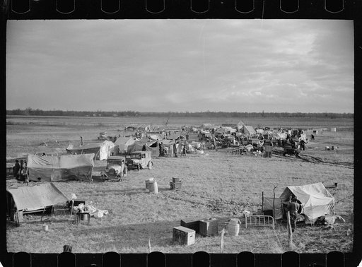 New Madrid spillway between levee and Mississippi River where evicted sharecroppers were taken by state highway officials after removal from highway, New Madrid County, Missouri
