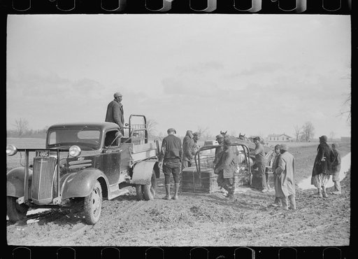 State highway officials moving sharecroppers away from roadsides to area between the levee and the Mississippi River, New Madrid County, Missouri