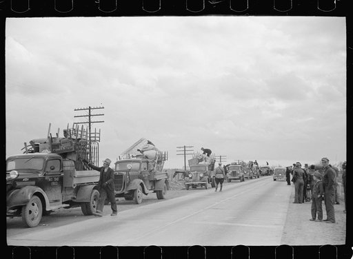 State highway officials moving sharecroppers away from roadside to area between levee and Mississippi River, New Madrid County, Missouri