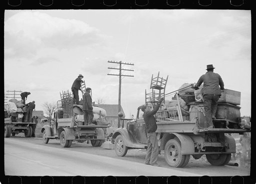 State highway officials moving sharecroppers away from roadside to area between the levee and the Mississippi River, New Madrid County, Missouri