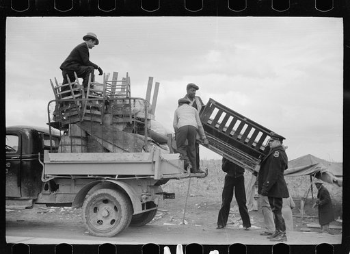 Untitled photo, possibly related to: State highway officials moving evicted sharecroppers away from roadside to area between the levee and the Mississippi River, New Madrid County, Missouri