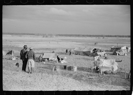 New Madrid spillway between levee and Mississippi River where evicted sharecroppers were taken after removal from highway by highway officials, New Madrid County, Missouri