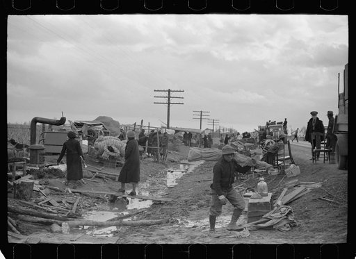State highway officials moving sharecroppers from roadside to area between levee and Mississippi River, New Madrid County, Missouri