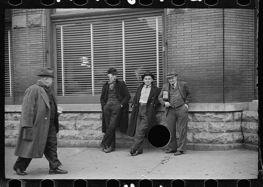 Untitled photo, possibly related to: Unemployed miners on corner of main street, Herrin, Illinois