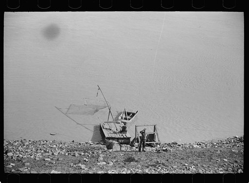 Fisherman's raft, on shores of Mississippi River, Saint Louis, Missouri