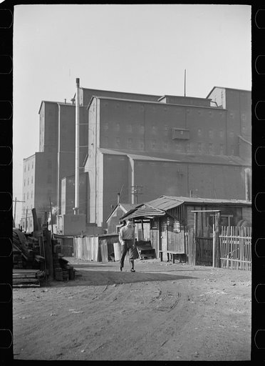 Untitled photo, possibly related to: Squatters' shacks with grain elevator in background, Saint Louis, Missouri