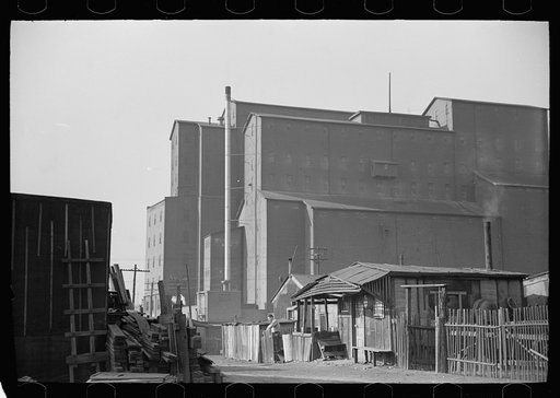 Squatters' shacks with grain elevator in background, Saint Louis, Missouri