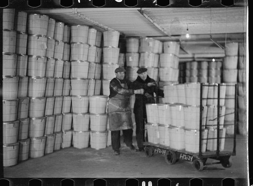 Untitled photo, possibly related to: Packing eggs in cold storage warehouse, Jersey City, New Jersey
