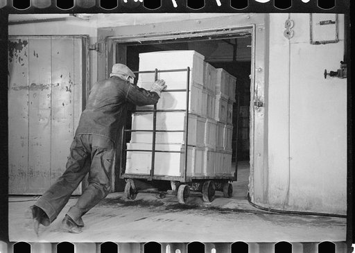 Packing eggs in cold storage warehouse, Jersey City, New Jersey