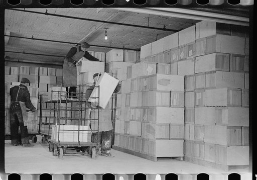 Untitled photo, possibly related to: Packing eggs in cold storage warehouse, Jersey City, New Jersey