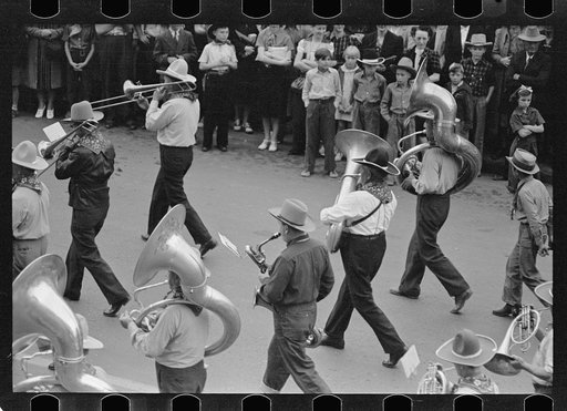 Untitled photo, possibly related to: Cowboy band in Go Western parade, Billings, Montana