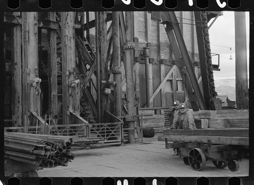 Miners at shaft of copper mine, Butte, Montana
