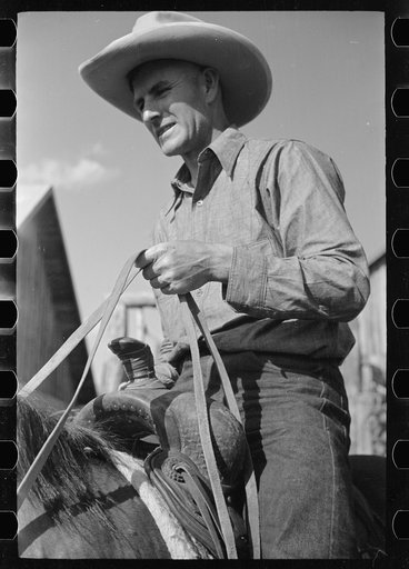 Untitled photo, possibly related to: Cowboy mounting horse, Quarter Circle U Ranch, Big Horn County, Montana