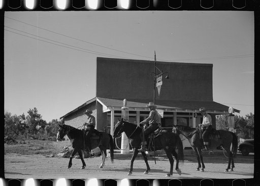Men from Quarter Circle U Ranch in town, Birney, Montana