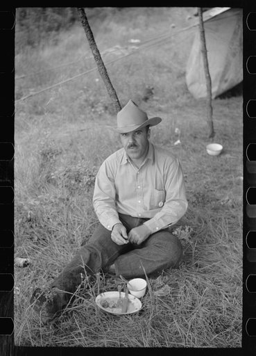 Untitled photo, possibly related to: Cowboy eating in Three Circle roundup camp, Powder River County, Montana