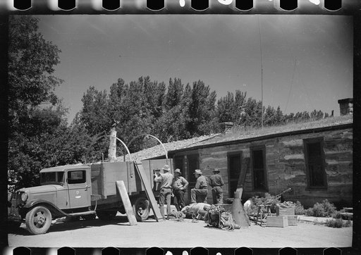 Untitled photo, possibly related to: Loading the roundup trucks, Quarter Circle U Ranch, Big Horn County, Montana