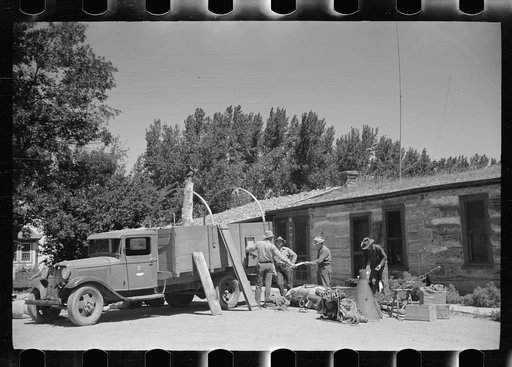Loading the roundup trucks, Quarter Circle U Ranch, Big Horn County, Montana