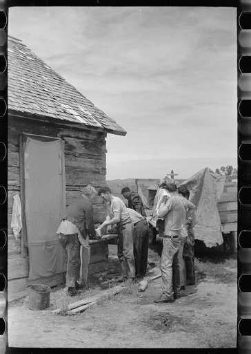 Sheepshearers washing up, Rosebud County, Montana