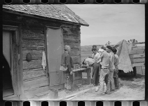Untitled photo, possibly related to: Sheepshearers washing up, Rosebud County, Montana