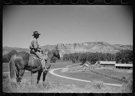 Untitled photo, possibly related to: Jack Arnold looking over the Quarter Circle U Ranch which he owns, Rosebud County, Montana