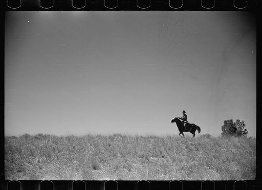 Untitled photo, possibly related to: Jack Arnold looking over the Quarter Circle U Ranch which he owns, Rosebud County, Montana