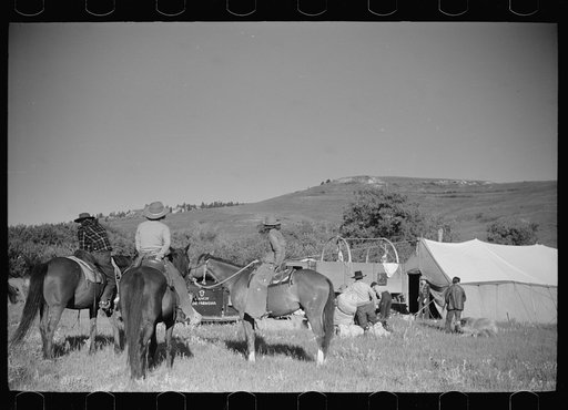 Untitled photo, possibly related to: Setting up the roundup camp, Quarter Circle U Ranch roundup, Montana