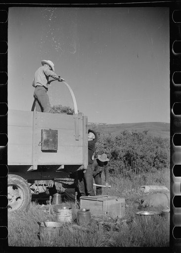 Untitled photo, possibly related to: Setting up camp, Quarter Circle U roundup, Montana