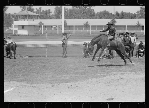 Untitled photo, possibly related to: Riding a bucking horse, rodeo, Miles City, Montana