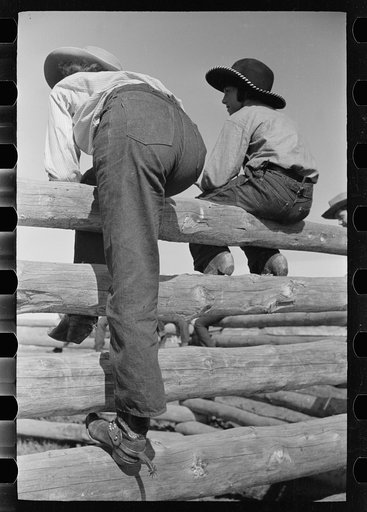 Dude girls on a corral fence, Montana