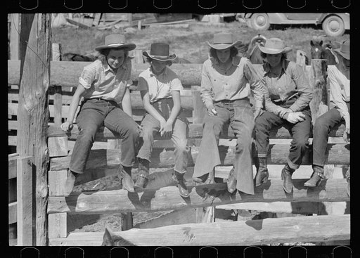 Untitled photo, possibly related to: Dude girls on a corral fence, Quarter Circle U roundup, Montana