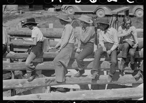 Untitled photo, possibly related to: Dude girls on a corral fence, Quarter Circle U roundup, Montana