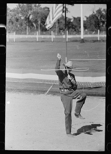 Untitled photo, possibly related to: Trick roper at rodeo, Miles City, Montana