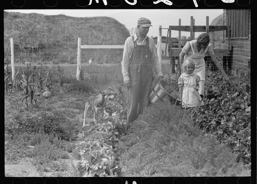 Mr. and Mrs. Howard Crowder and daughter in their garden, San Luis Valley Farms, Alamosa, Colorado