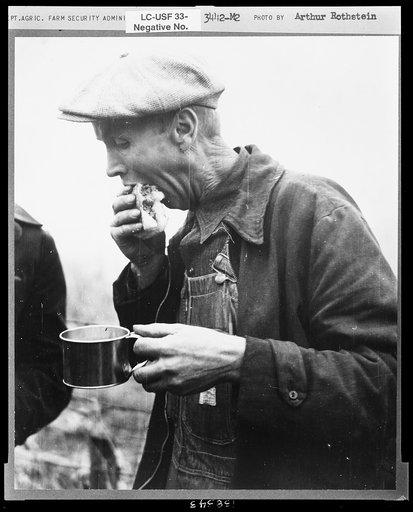 Farmer eats hamburger at cornhusking contest, Marshall County, Iowa