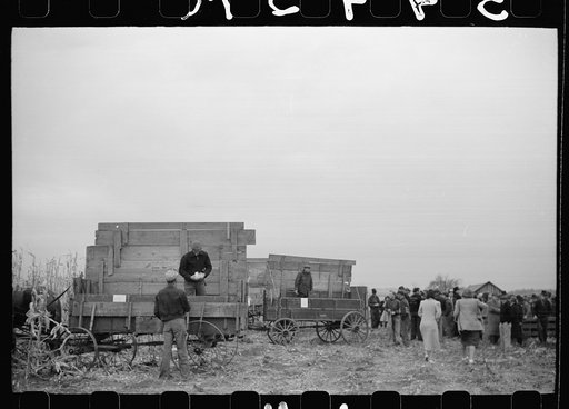 Untitled photo, possibly related to: Wagon with extra-high bangboard used in cornhusking contest, Marshall County, Iowa